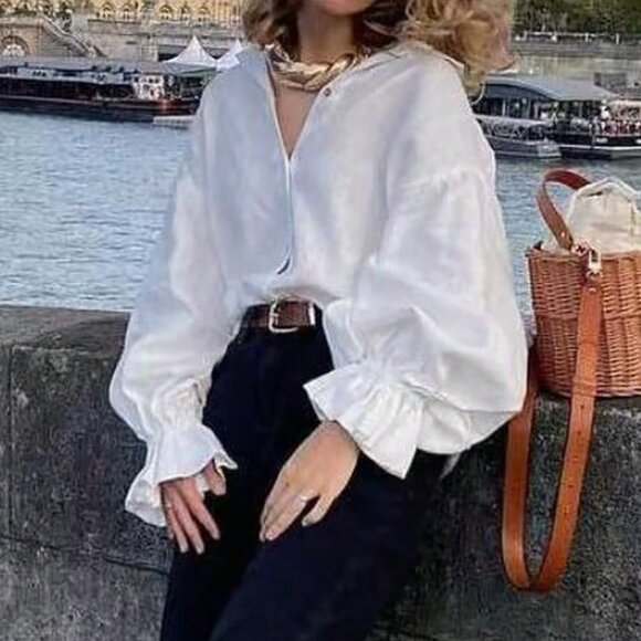 White Elegant Women's Casual Pleated Blouse - Picture 6 of 8